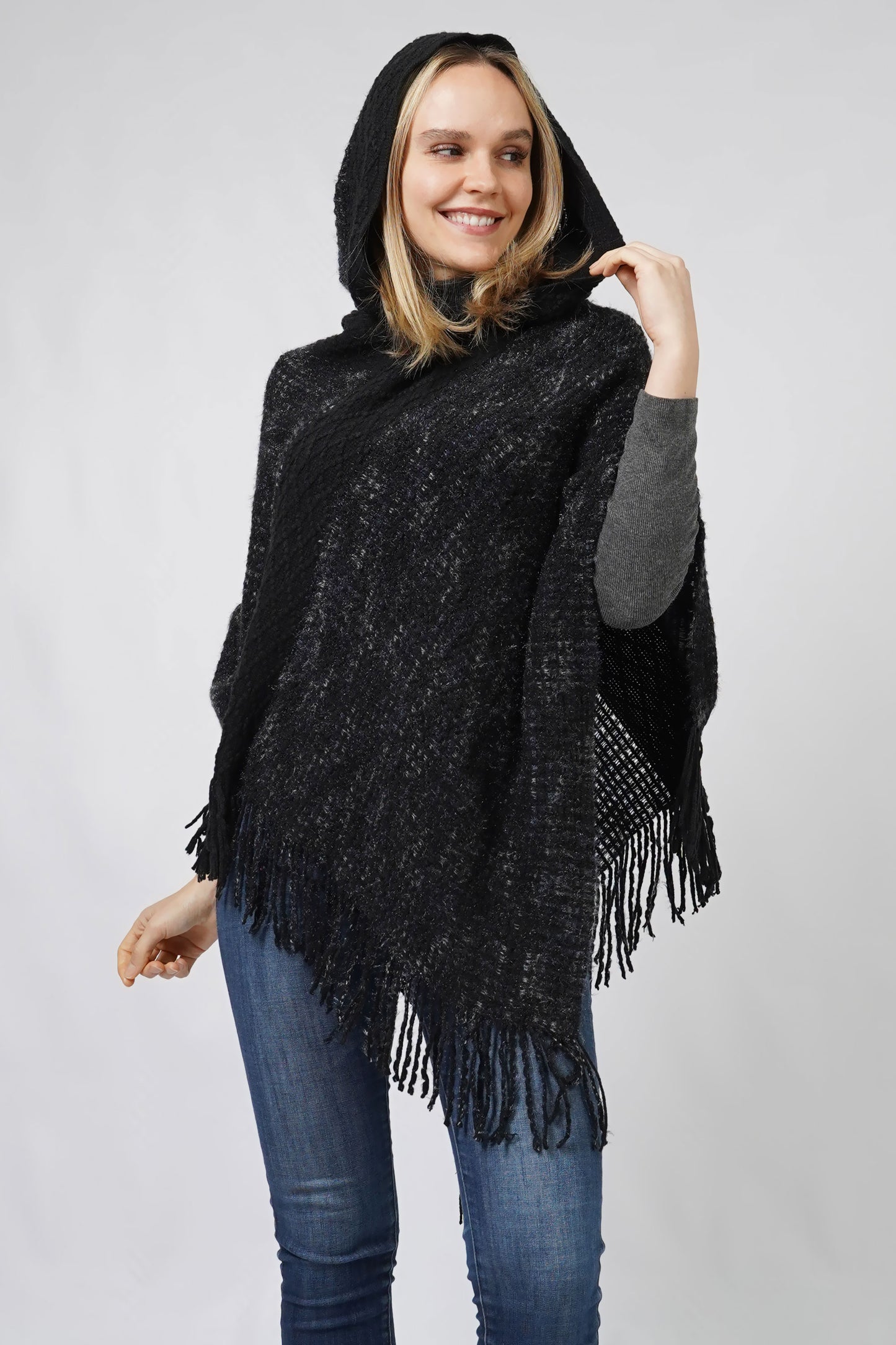 MULTI COLOR KNIT HOODED PONCHO WITH FRINGE