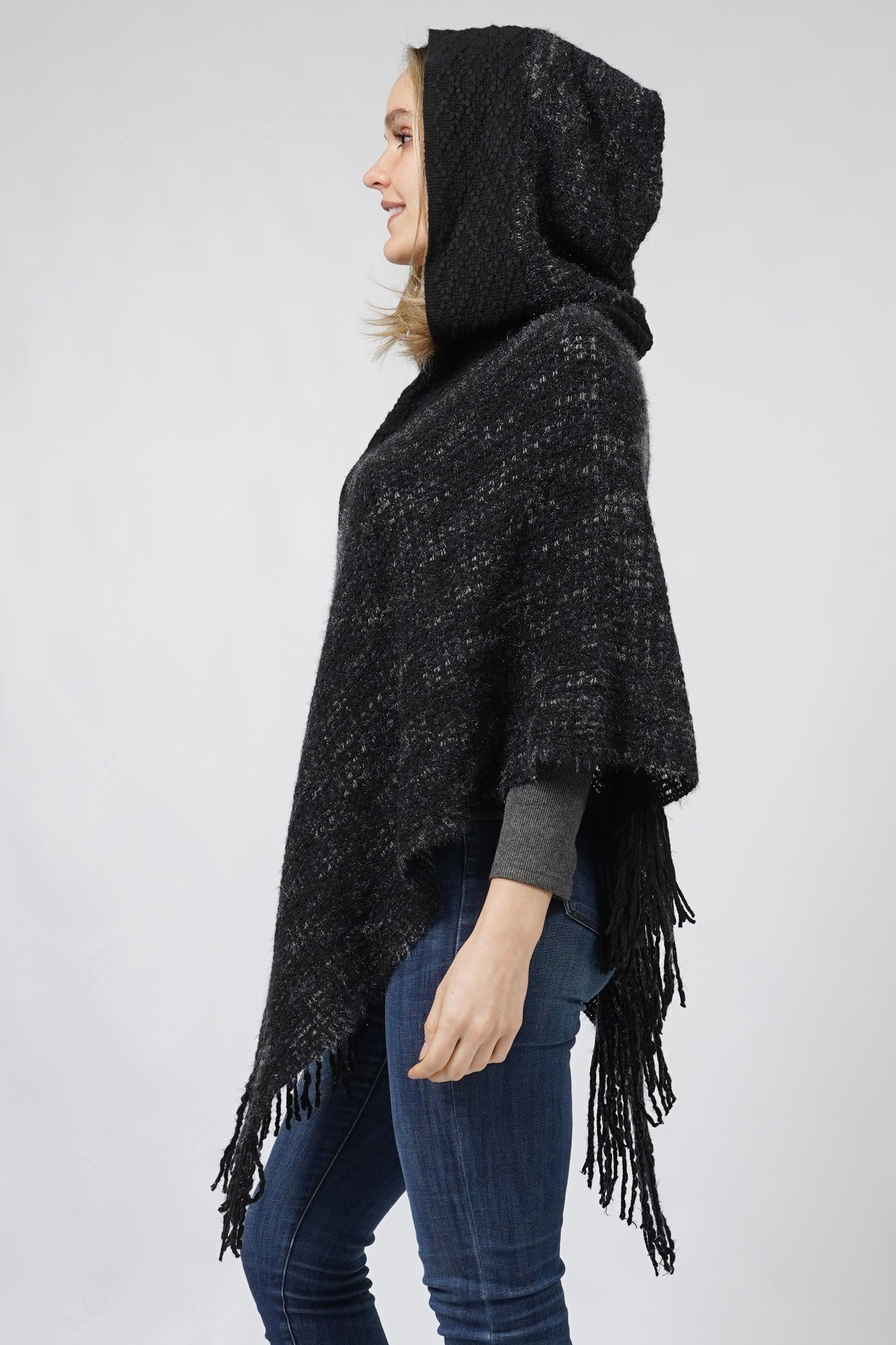 MULTI COLOR KNIT HOODED PONCHO WITH FRINGE