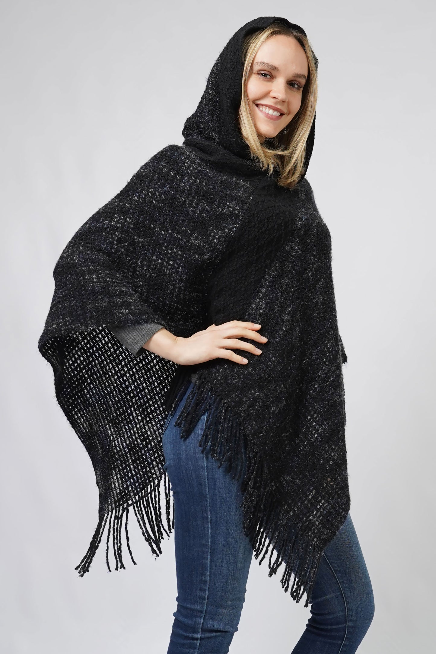 MULTI COLOR KNIT HOODED PONCHO WITH FRINGE