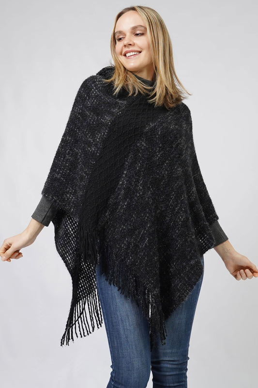 MULTI COLOR KNIT HOODED PONCHO WITH FRINGE