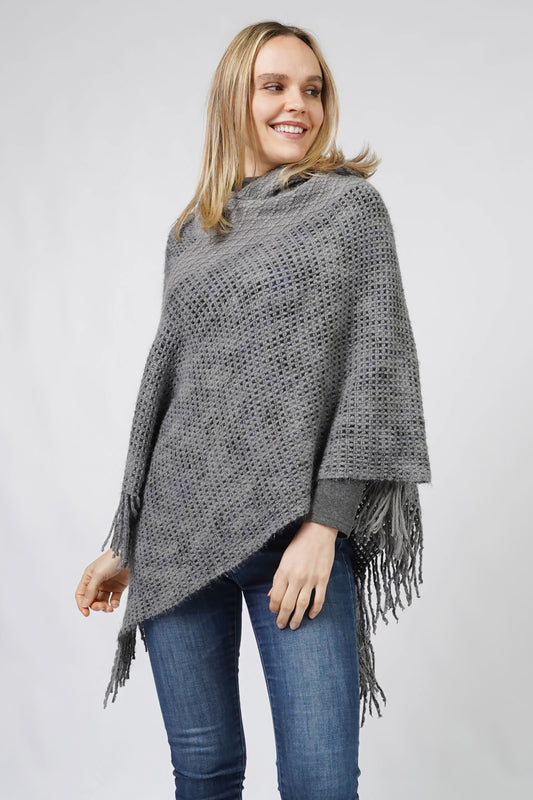 MULTI COLOR KNIT HOODED PONCHO WITH FRINGE