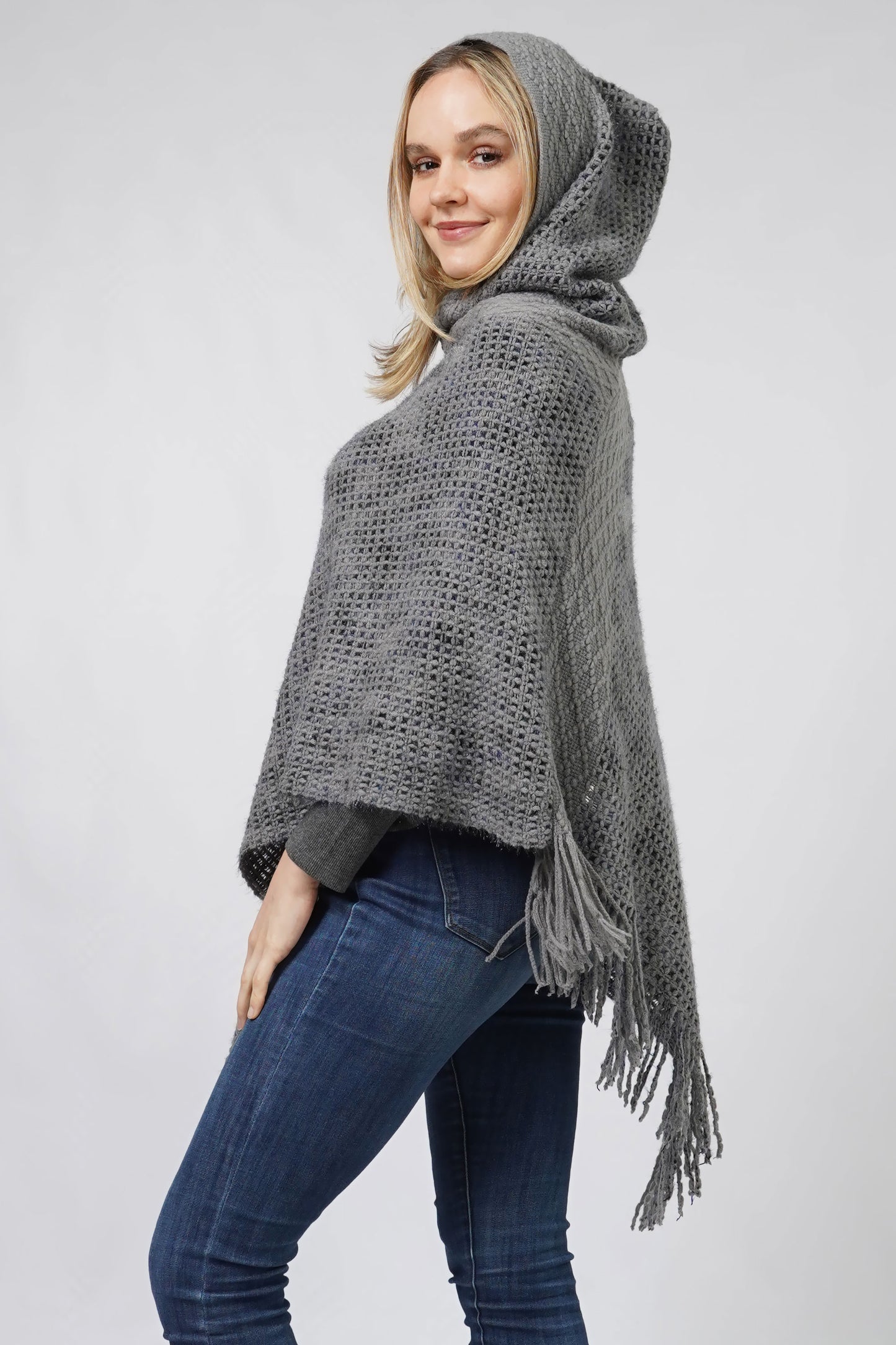 MULTI COLOR KNIT HOODED PONCHO WITH FRINGE