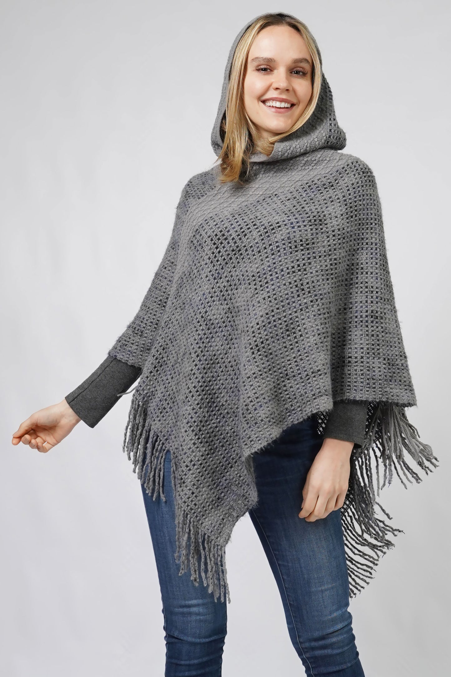 MULTI COLOR KNIT HOODED PONCHO WITH FRINGE