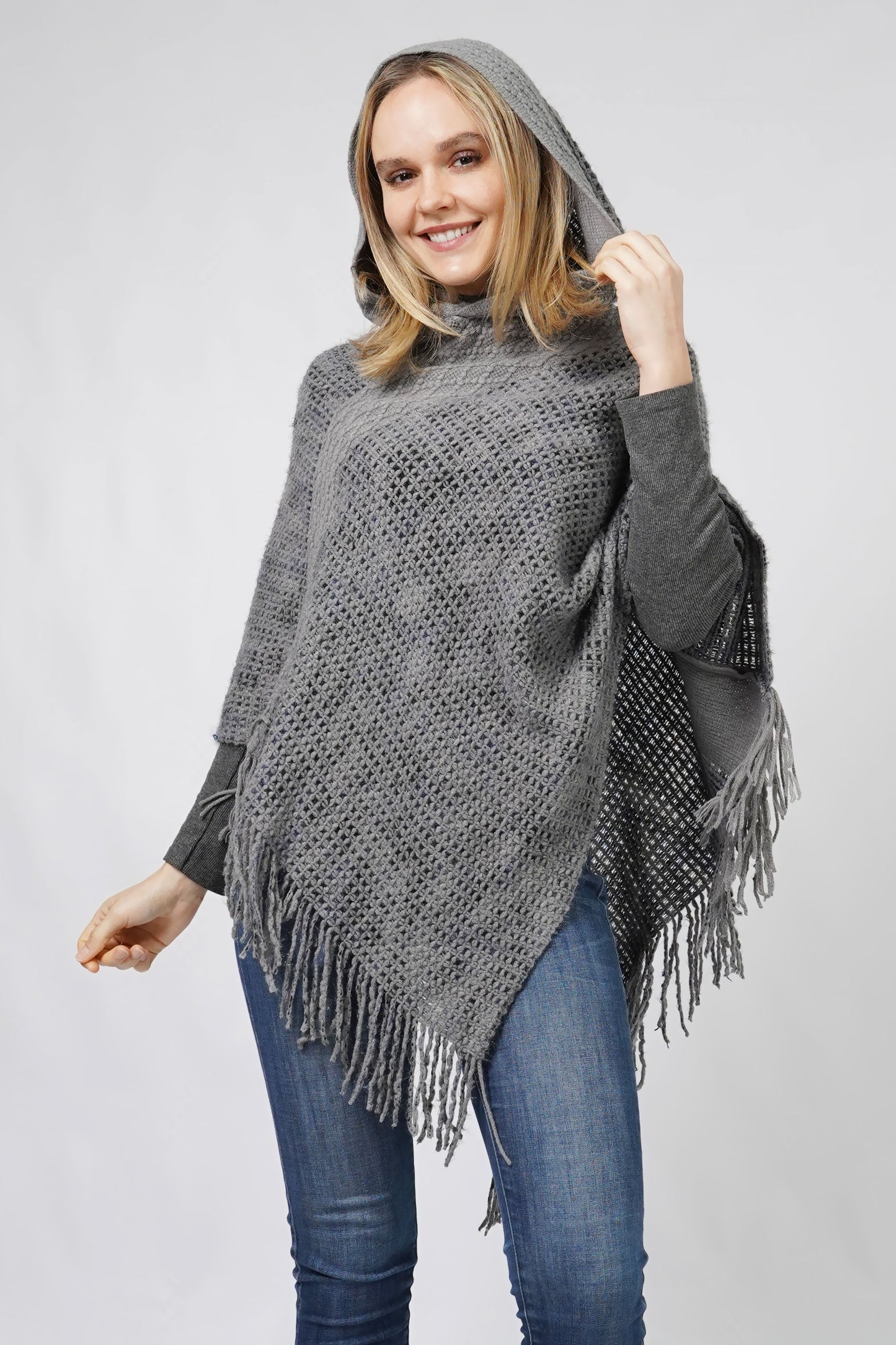 MULTI COLOR KNIT HOODED PONCHO WITH FRINGE