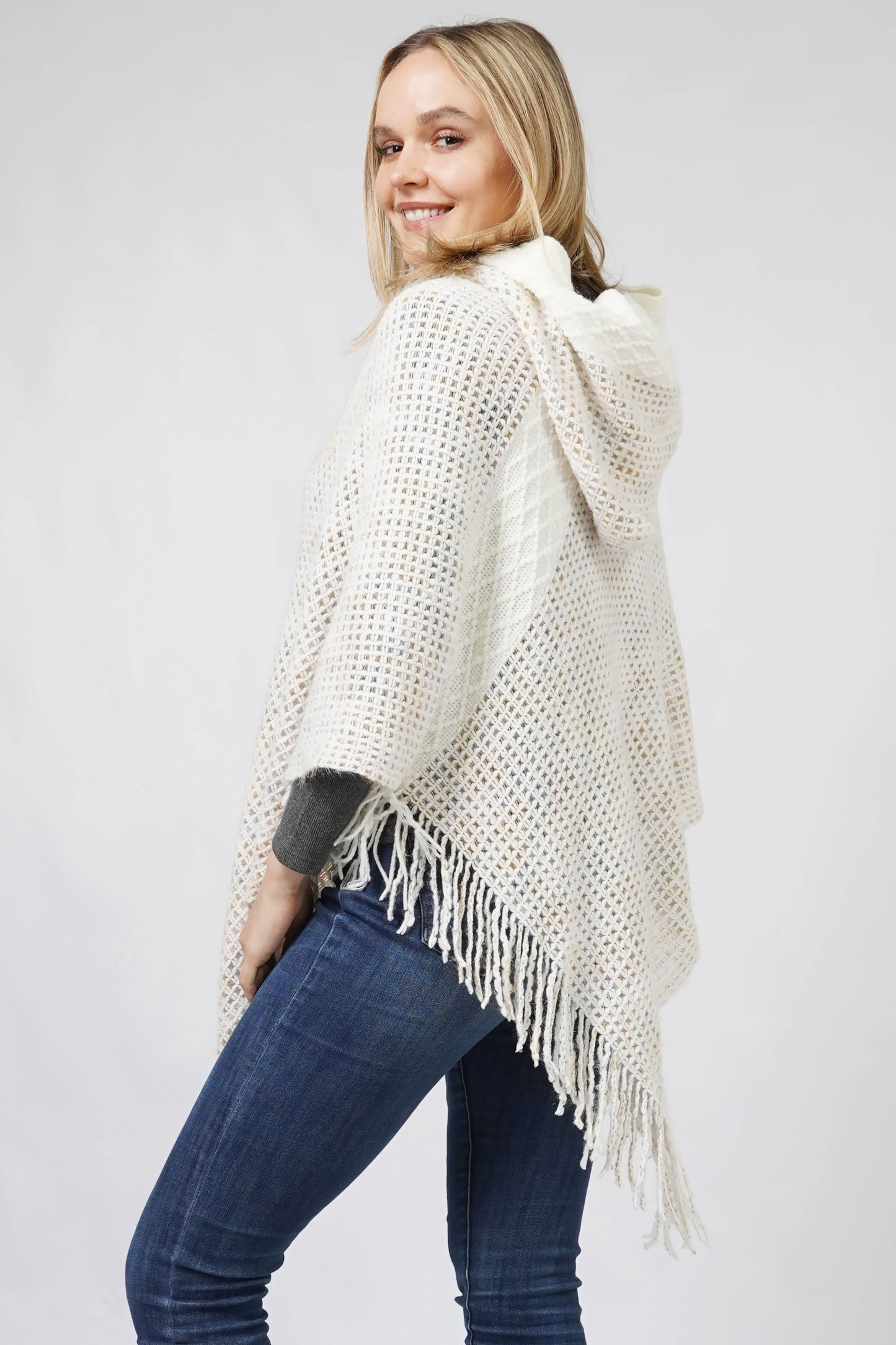 MULTI COLOR KNIT HOODED PONCHO WITH FRINGE