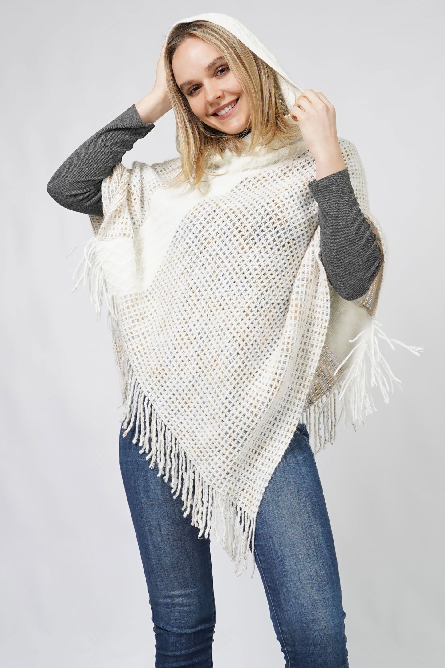 MULTI COLOR KNIT HOODED PONCHO WITH FRINGE