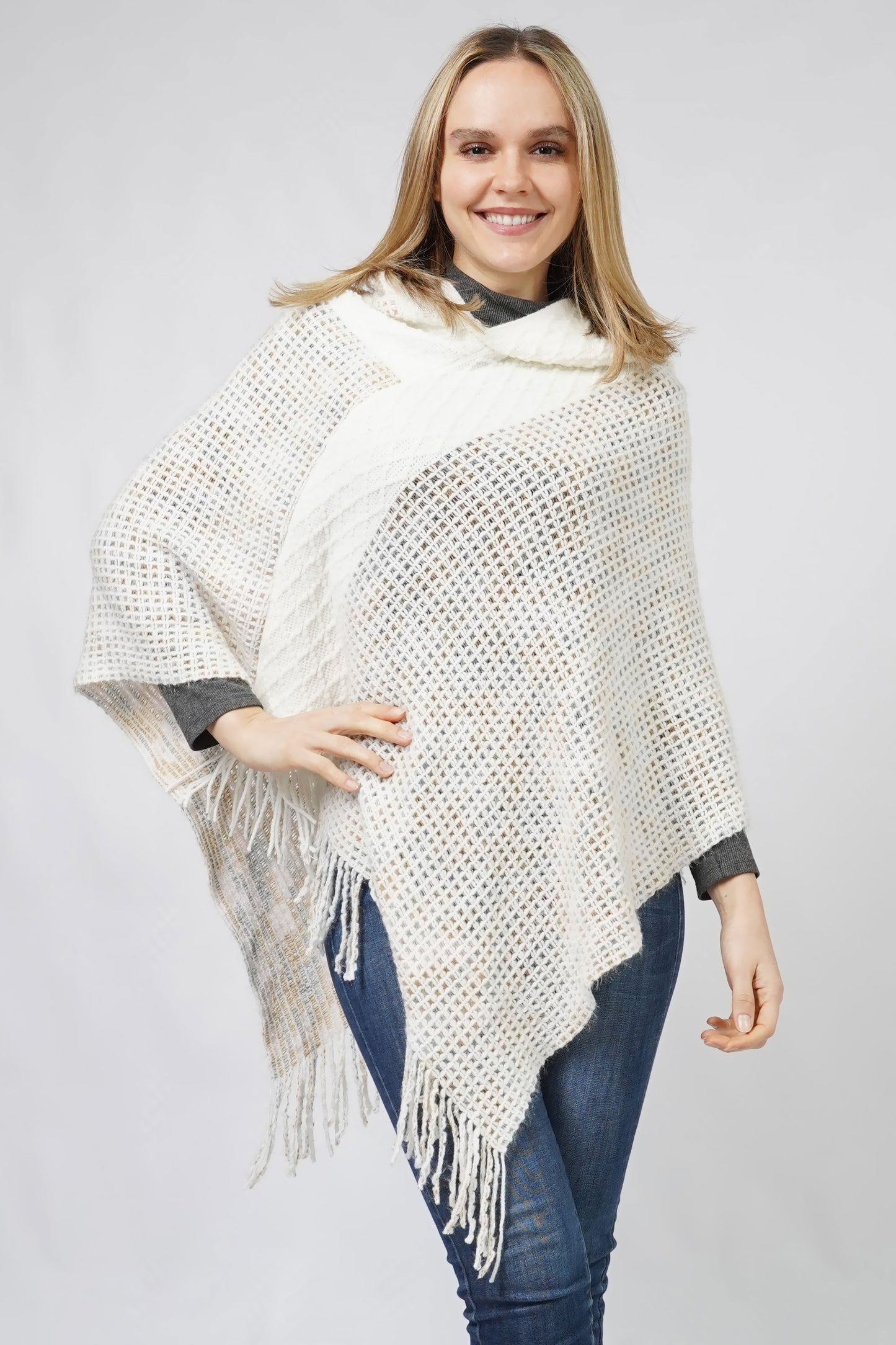 MULTI COLOR KNIT HOODED PONCHO WITH FRINGE