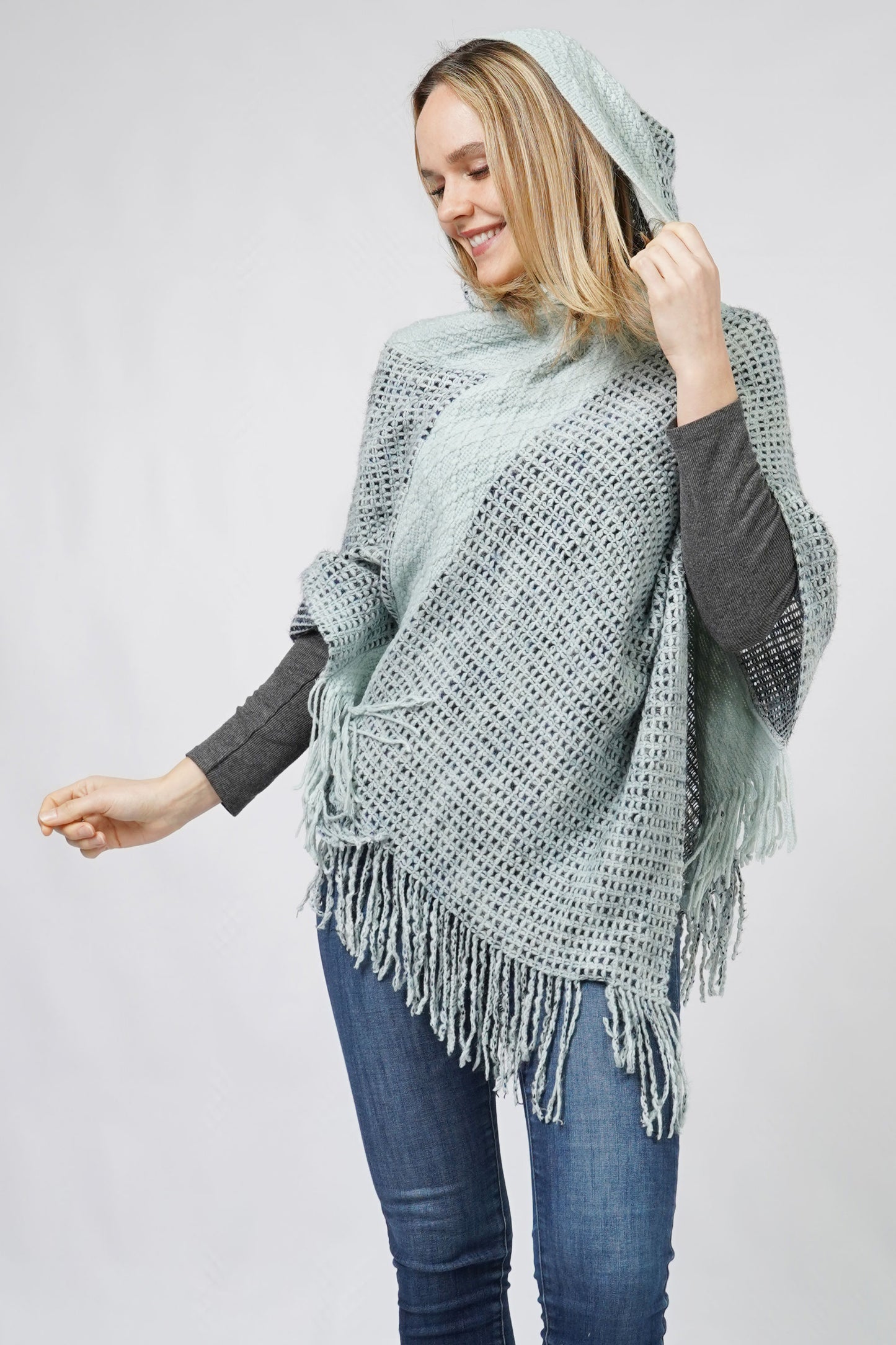 MULTI COLOR KNIT HOODED PONCHO WITH FRINGE