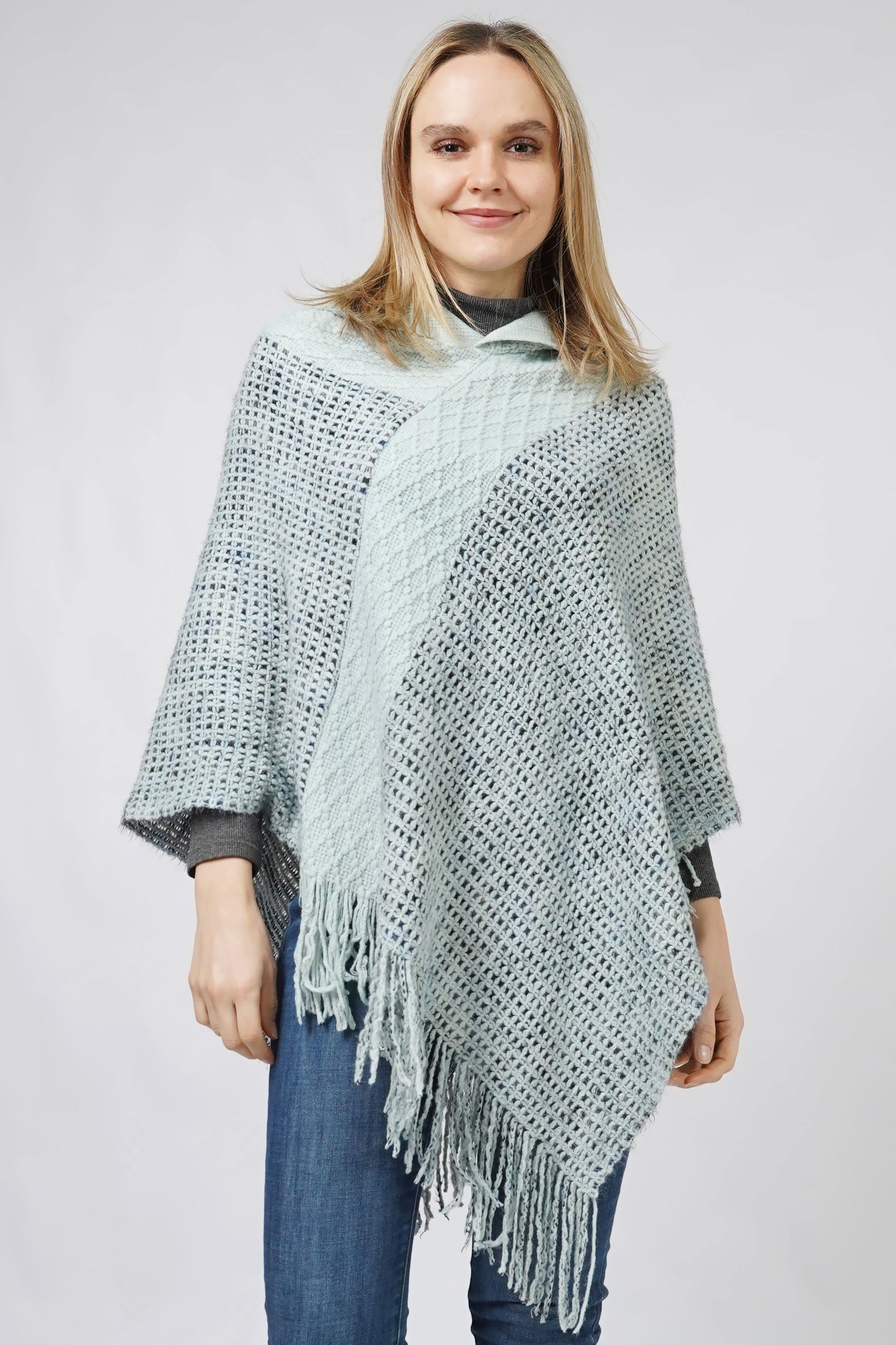 MULTI COLOR KNIT HOODED PONCHO WITH FRINGE