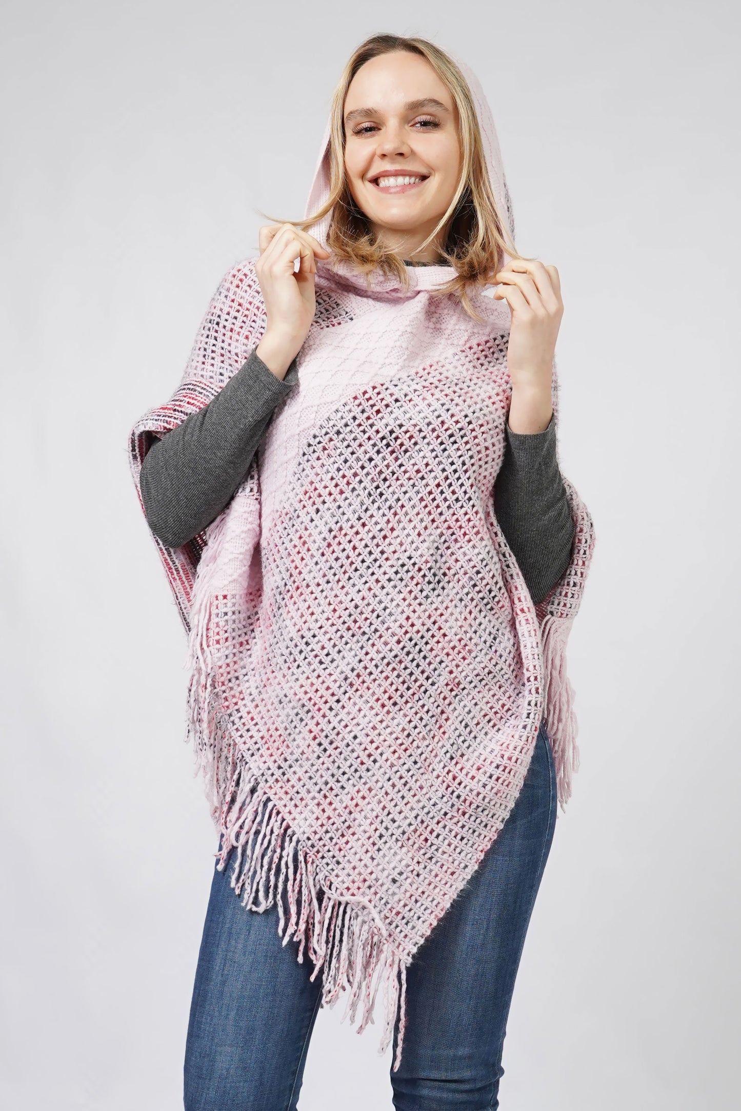 MULTI COLOR KNIT HOODED PONCHO WITH FRINGE