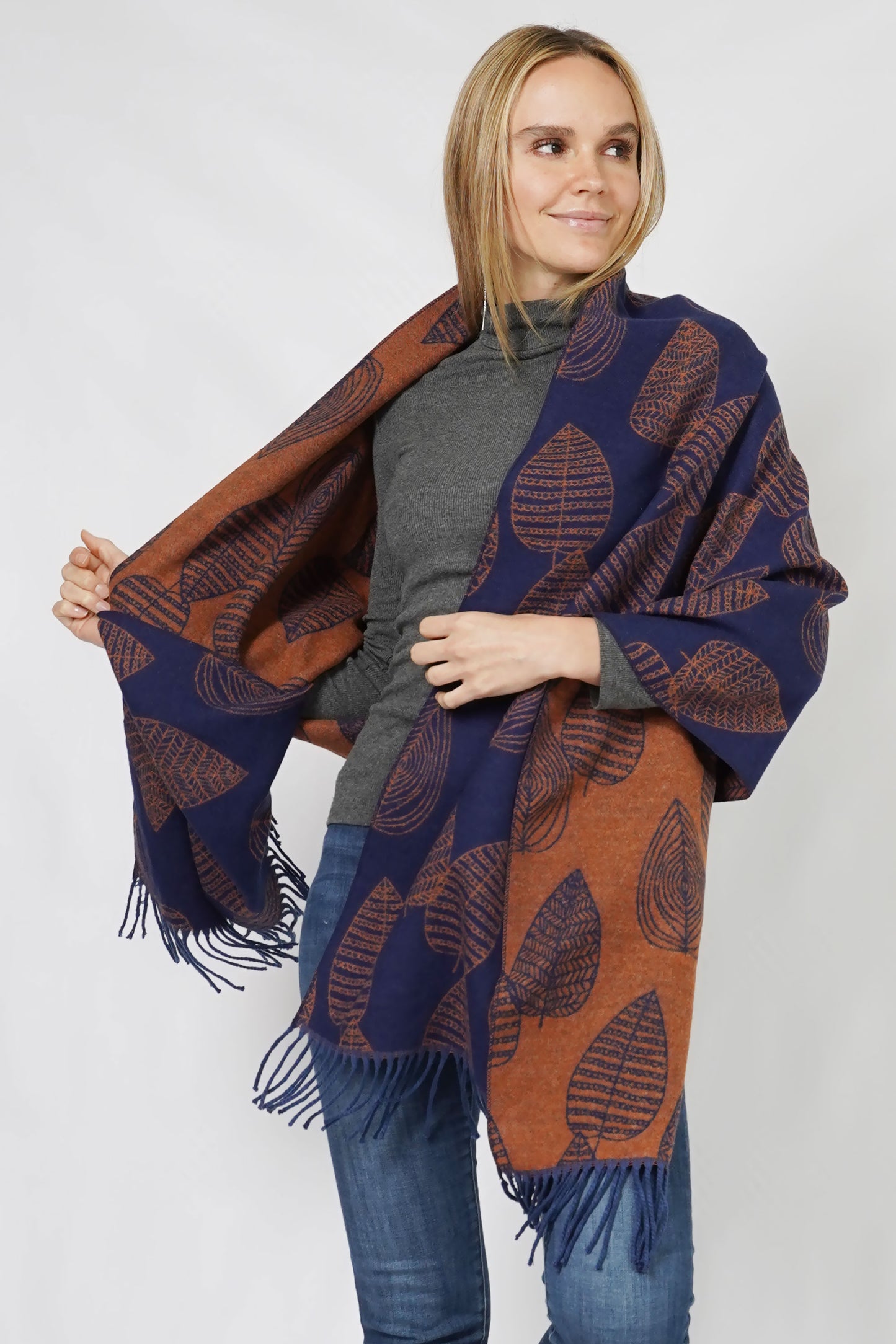 2-TONE LEAVES SHAWL SCARF WITH TASSEL