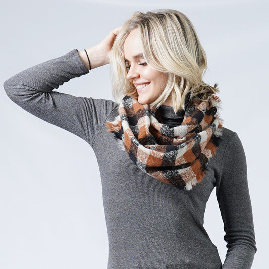 PLAID INFINITY SCARF W/FRAYED EDGE