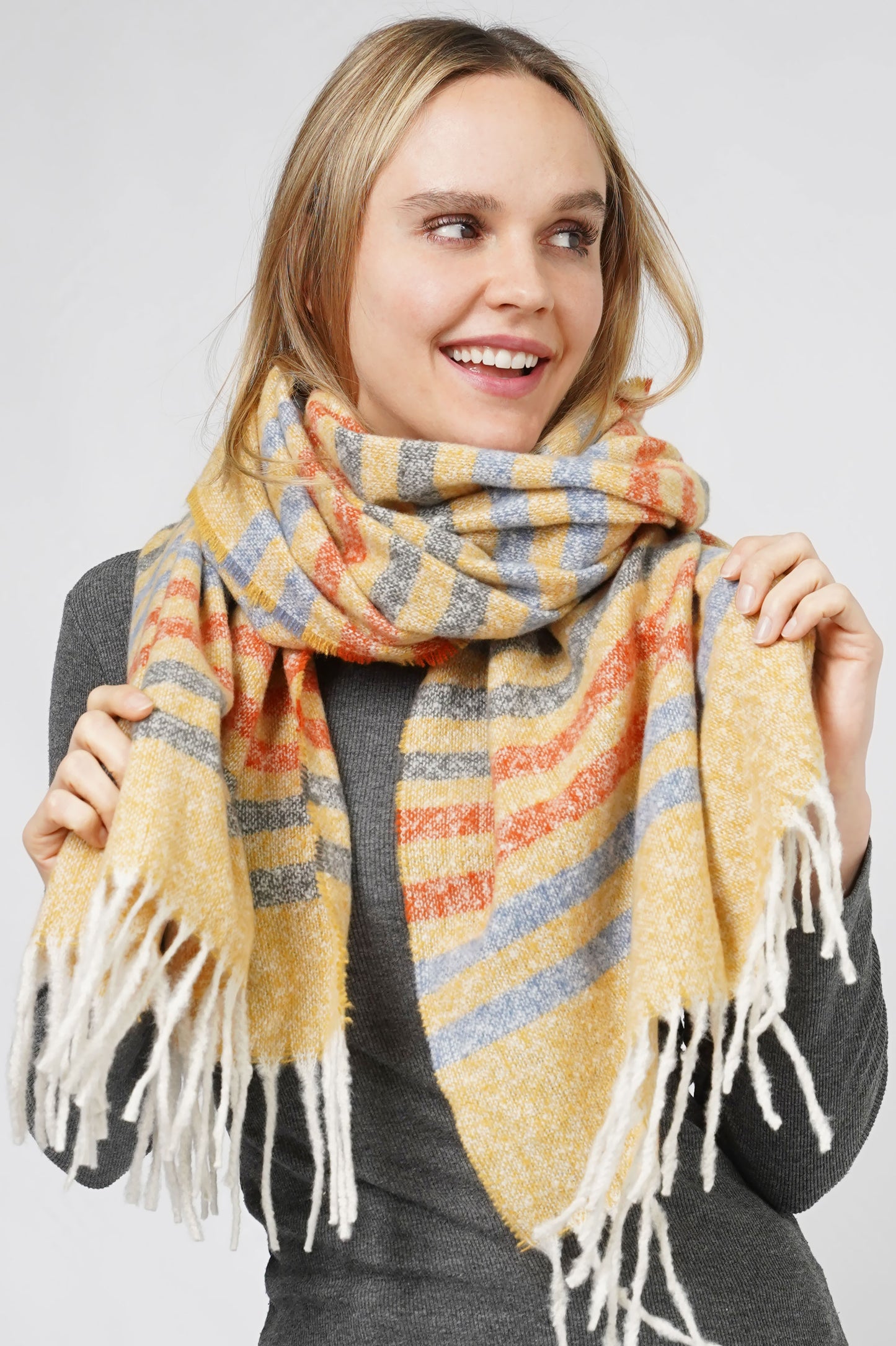 MULTI COLOR STRIPE OBLONG SCARF W/FRINGE