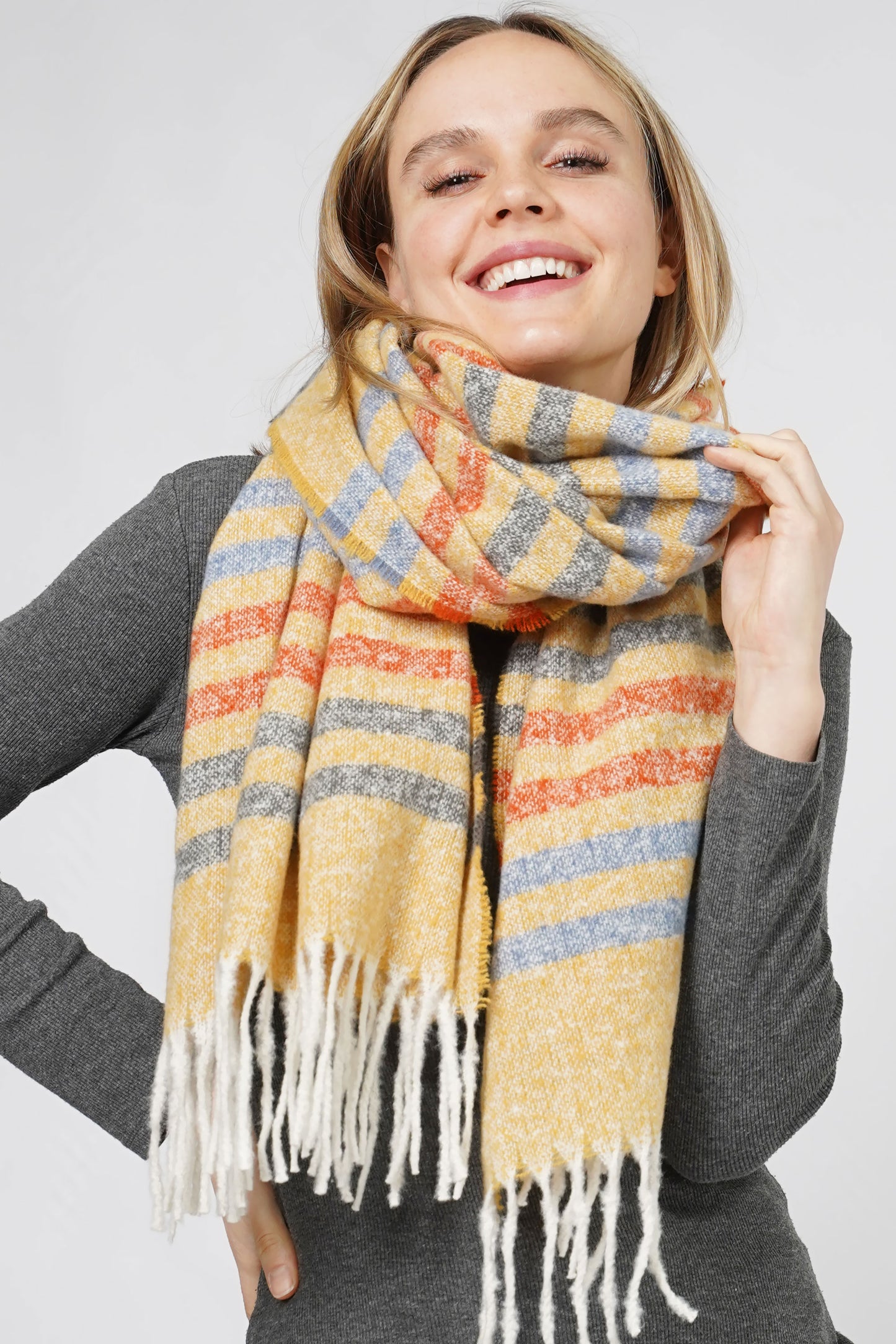 MULTI COLOR STRIPE OBLONG SCARF W/FRINGE