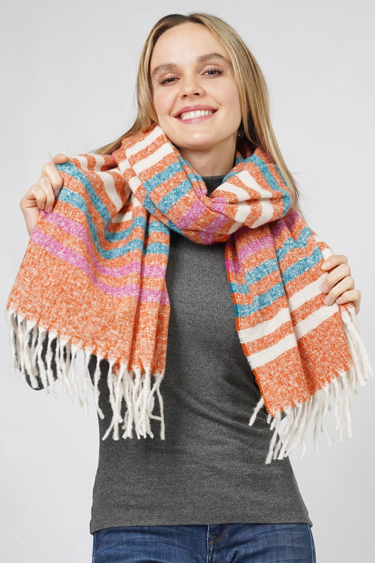 MULTI COLOR STRIPE OBLONG SCARF W/FRINGE