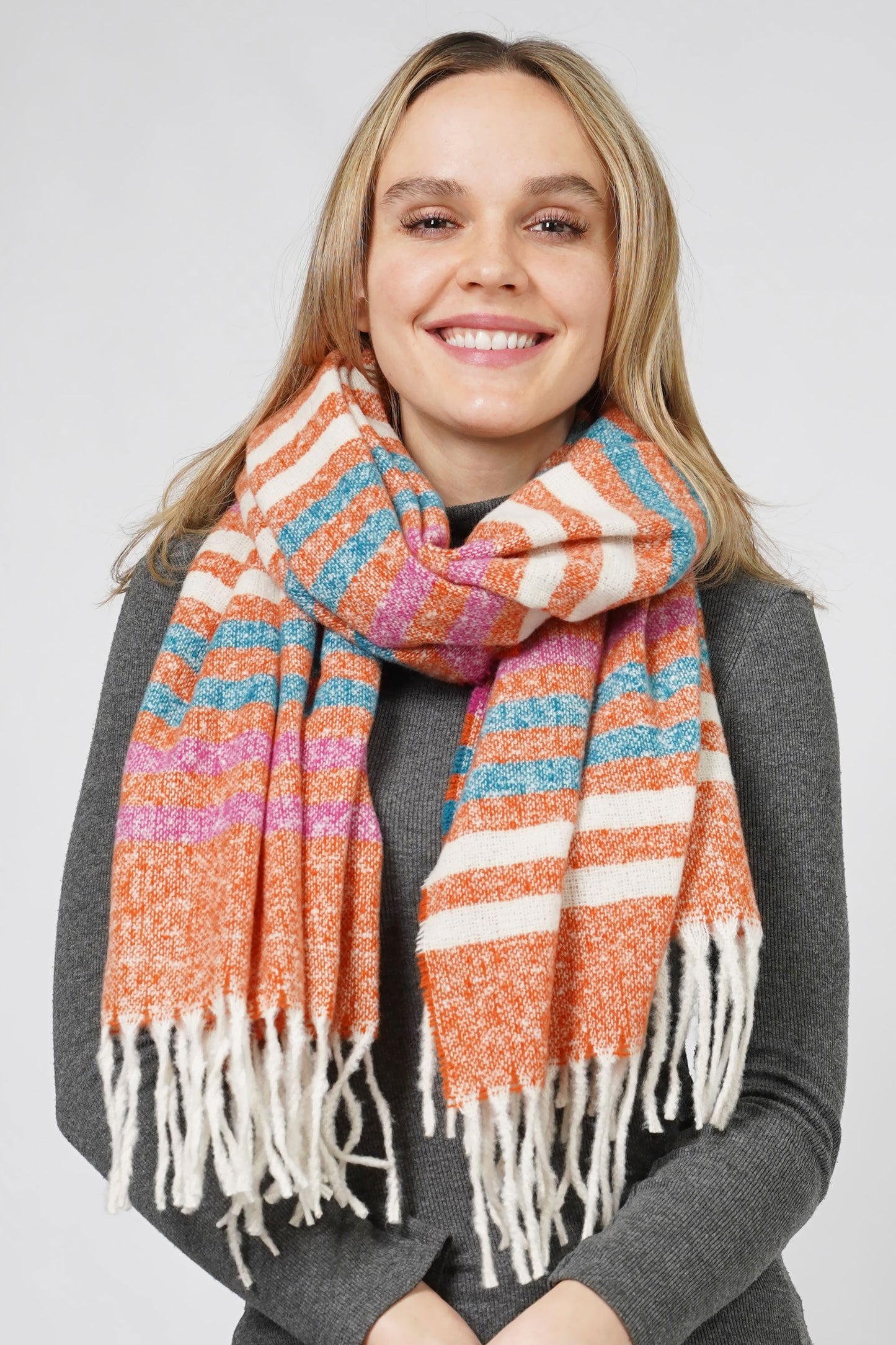 MULTI COLOR STRIPE OBLONG SCARF W/FRINGE