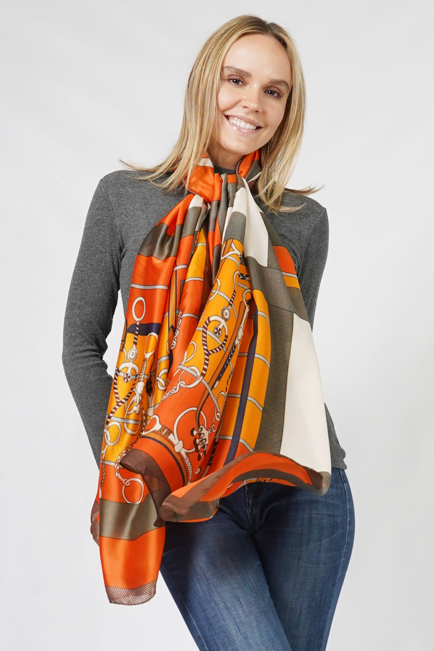 EQUESTRIAN PRINT SATIN OBLONG SCARF