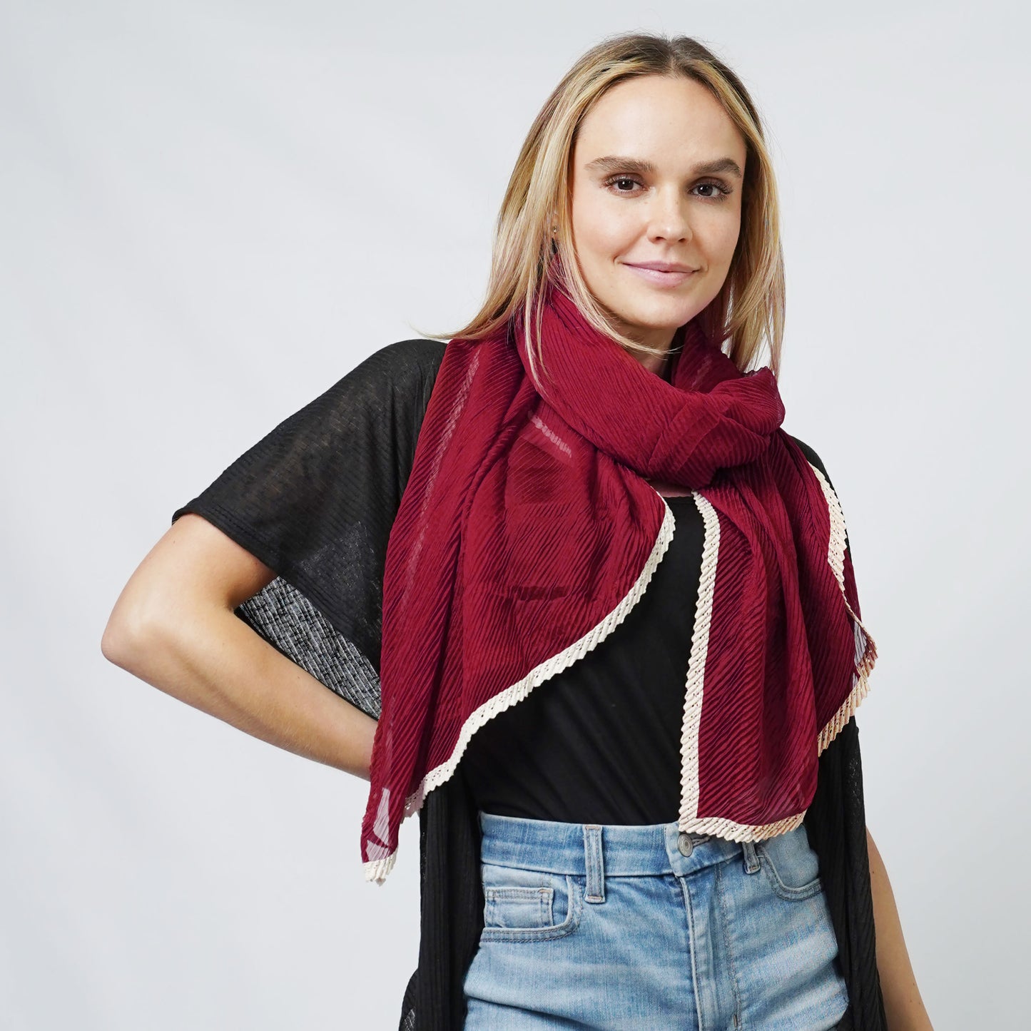 LACE TRIM PLEATED OBLONG SCARF