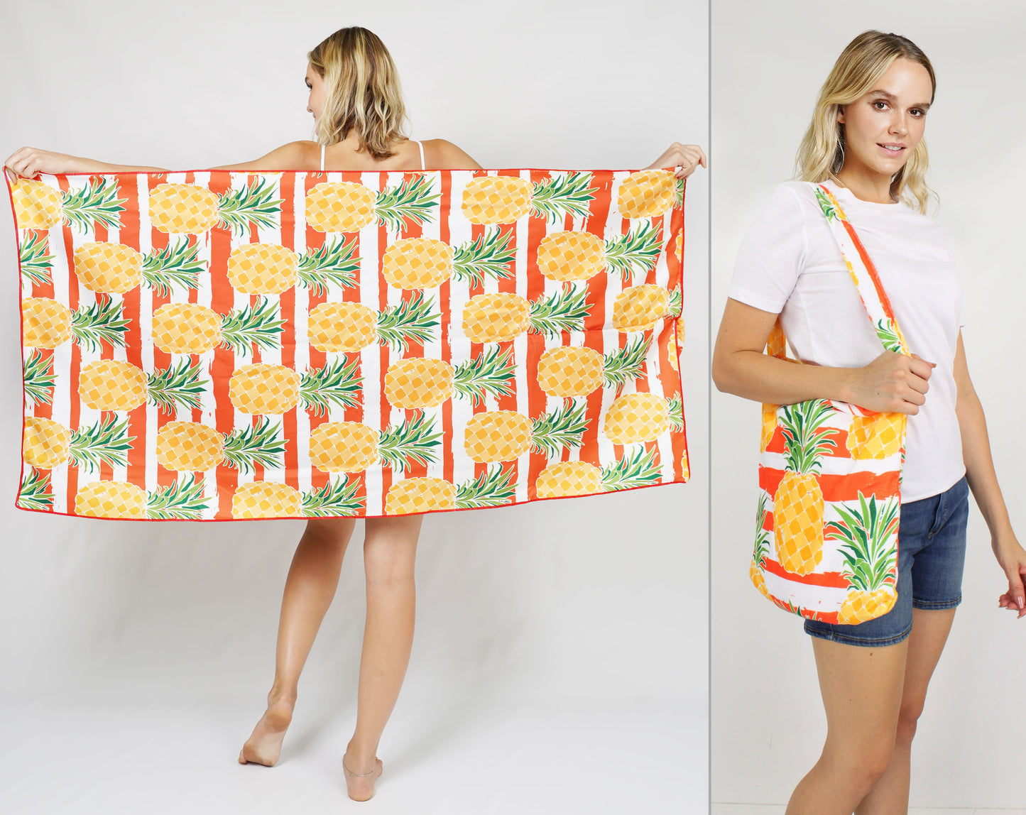 PINEAPPLE+STRIPE PRINT 2-IN-1 BEACH TOWEL TOTE BAG