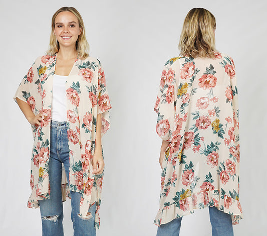 FLOWER PRINT RUFFLE KIMONO