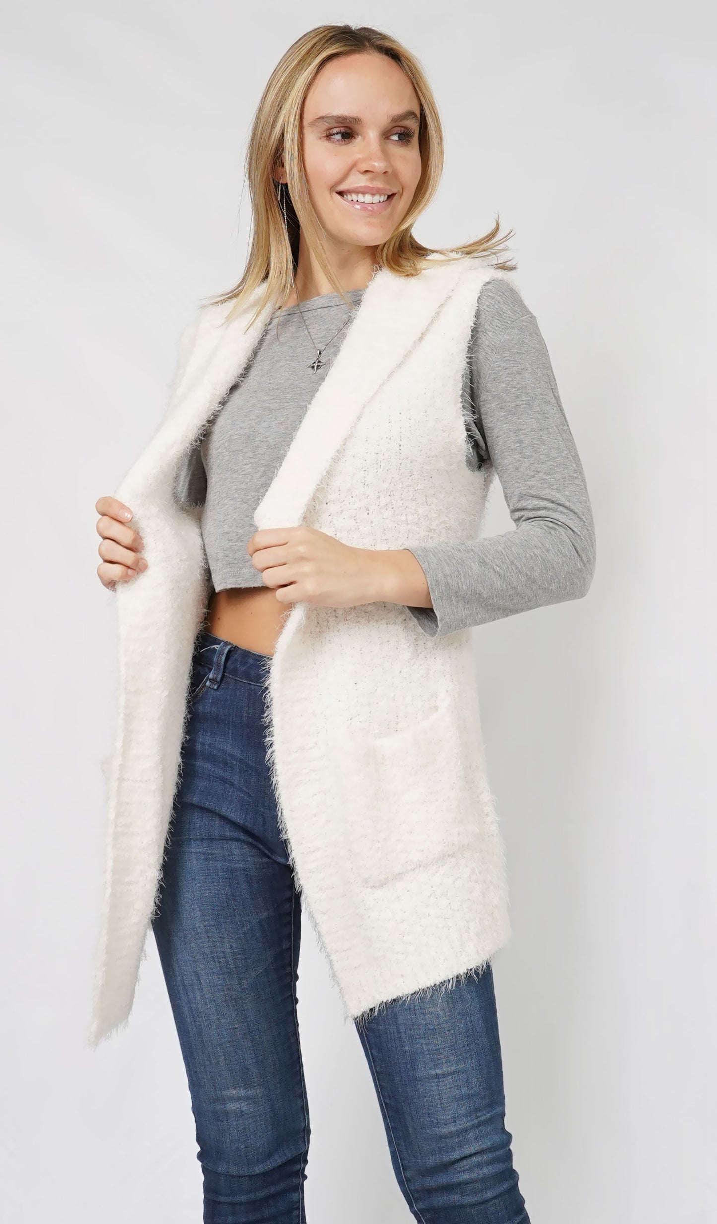 HOODED COZY EYELASH KNIT VEST