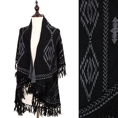 AZTEC PATTERN SHAWL VEST WITH TASSEL