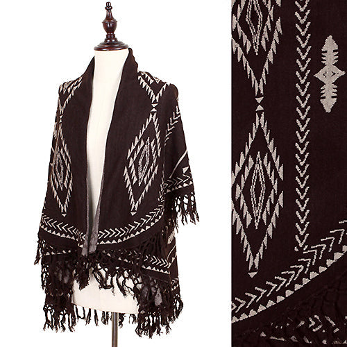 AZTEC PATTERN SHAWL VEST WITH TASSEL