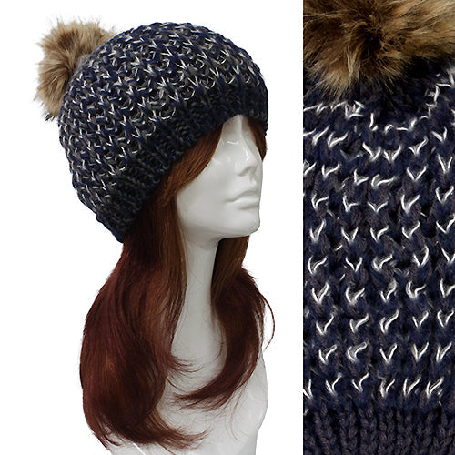 FUR POM POM MULTI TONE KNIT HAT