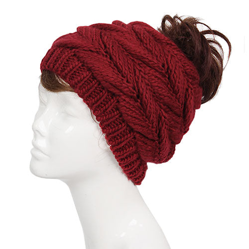 CABLE KNIT MESSY BUN BEANIE