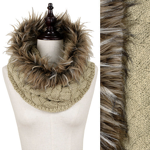 CABLE KNIT TUBE SCARF WITH FAUX FUR