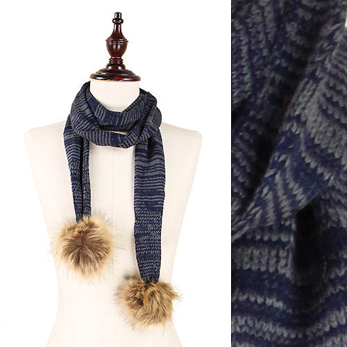 2-TONE KNIT FURRY POMPOM SCARF