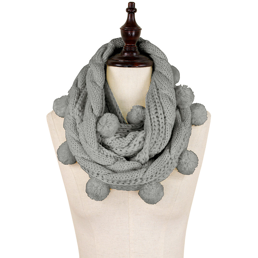 CABLE KNIT POMPOM INFINITY SCARF