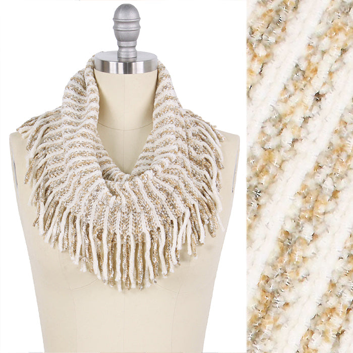 MULTI TONE MIX KNIT TUBE SCARF W/TASSEL