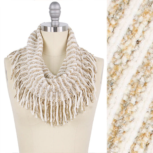 MULTI TONE MIX KNIT TUBE SCARF W/TASSEL