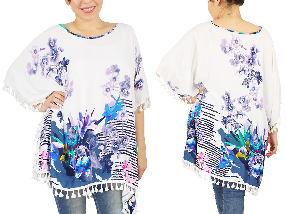 FLOWER PRINT PONCHO W/TASSEL