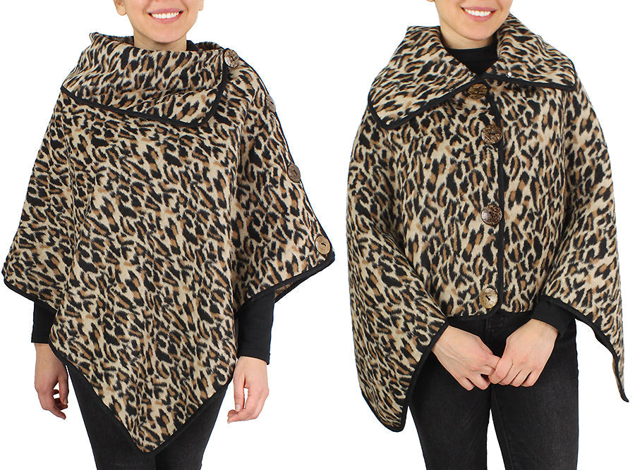 LEOPARD PONCHO W/ BUTTON DECO