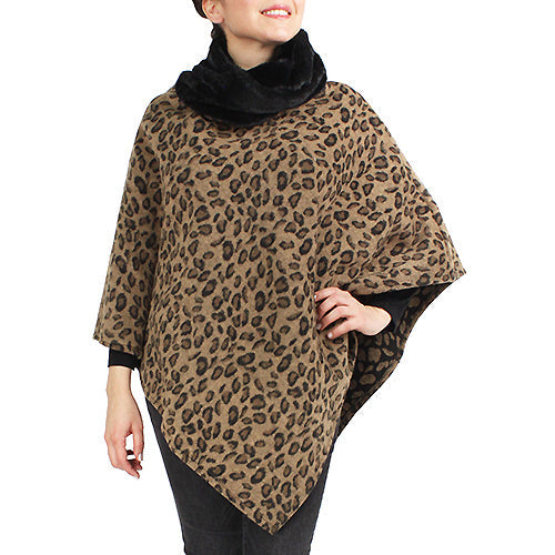 FUR COWL NECK LEOPARD PRINT PONCHO