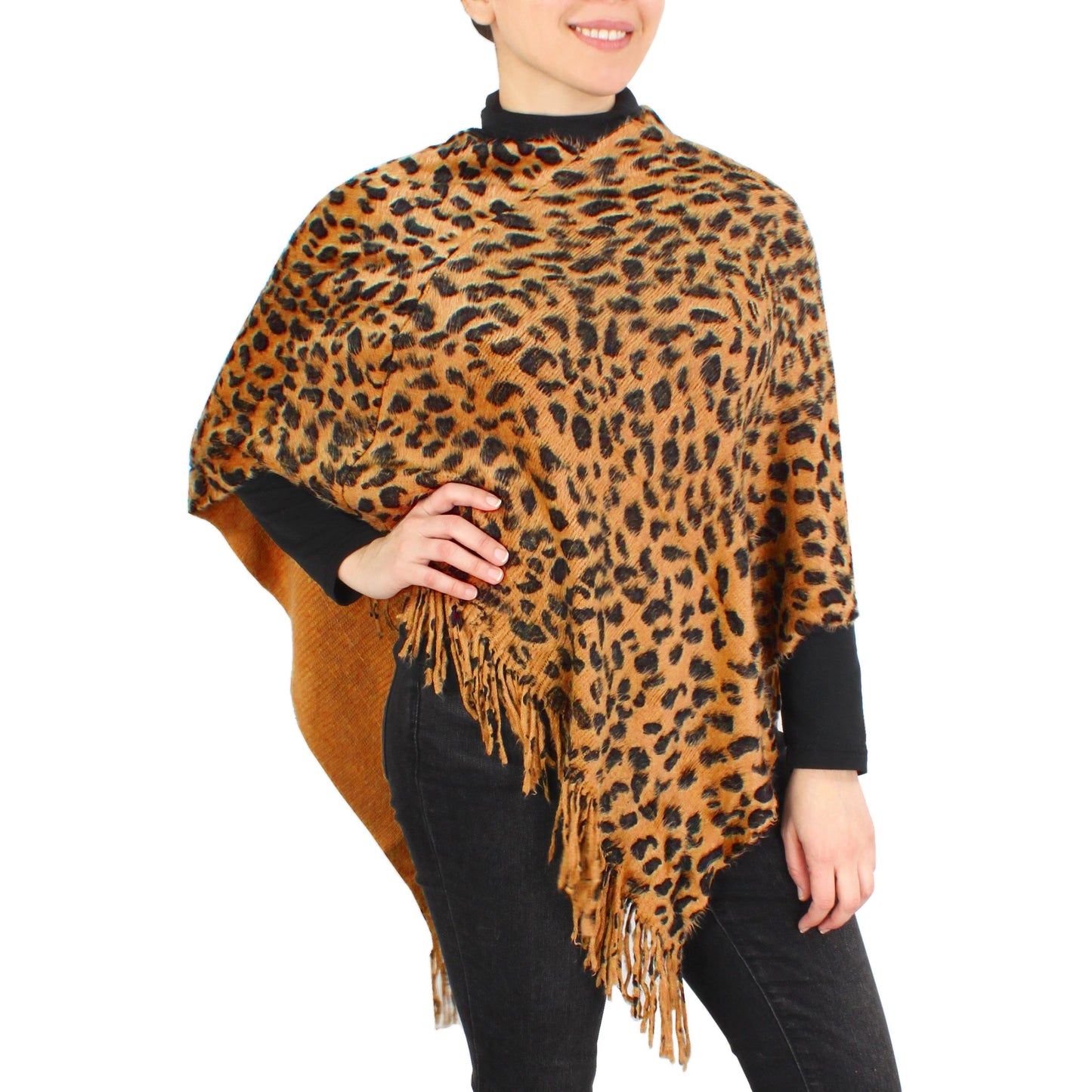 LEOPARD BRUSHED PONCHO W/TASSEL