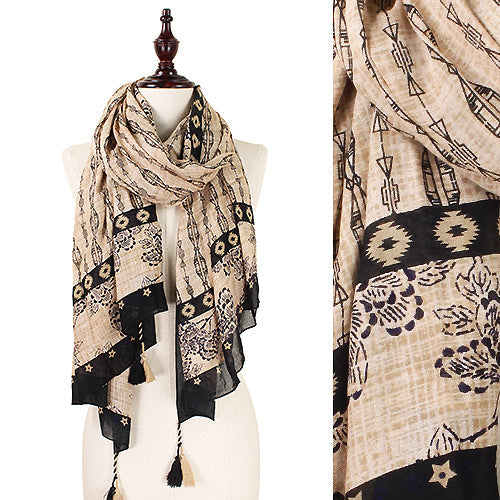 VINTAGE MULTI PATTERN OBLONG SCARF W/TASSEL