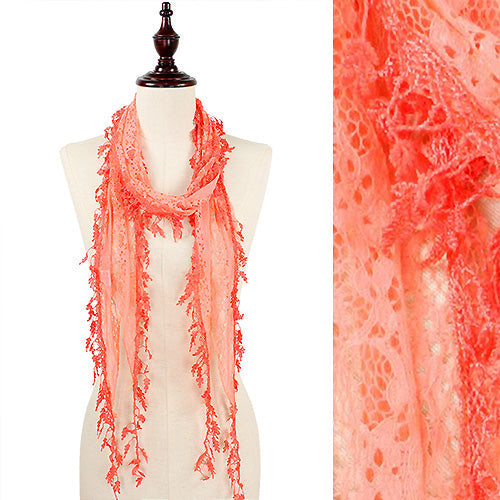 LACE SLIM OBLONG SCARF WITH LEAF FRINGE