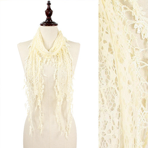 LACE SLIM OBLONG SCARF WITH LEAF FRINGE