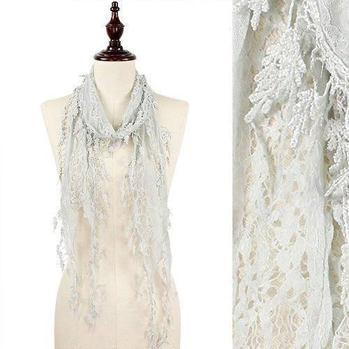 LACE SLIM OBLONG SCARF WITH LEAF FRINGE