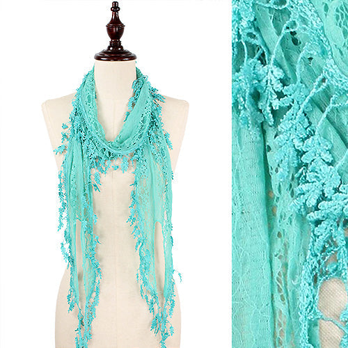 LACE SLIM OBLONG SCARF WITH LEAF FRINGE