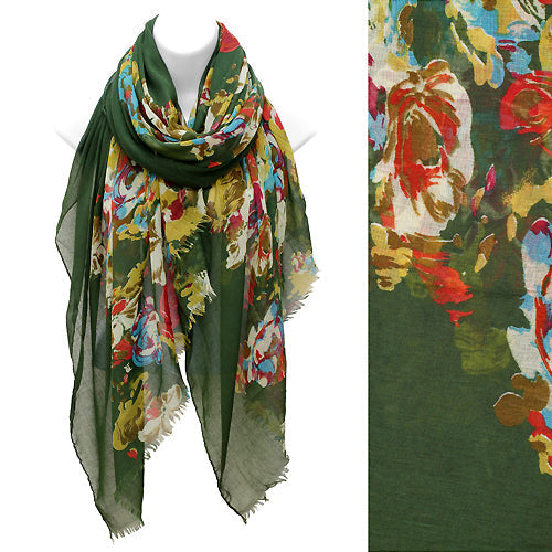 FLORAL DESIGN W/ FRAYED EDGE OBLONG SCARF