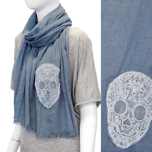 HANDMADE LACE SKULL OBLONG SCARF WITH FRAYED EDGE