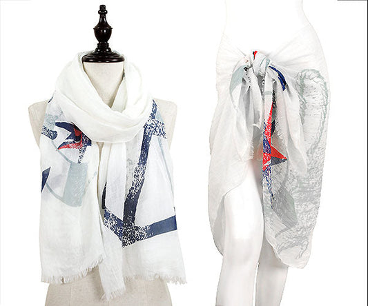 ANCHOR DESIGN W/ FRAYED EDGE OBLONG SCARF/PAREO