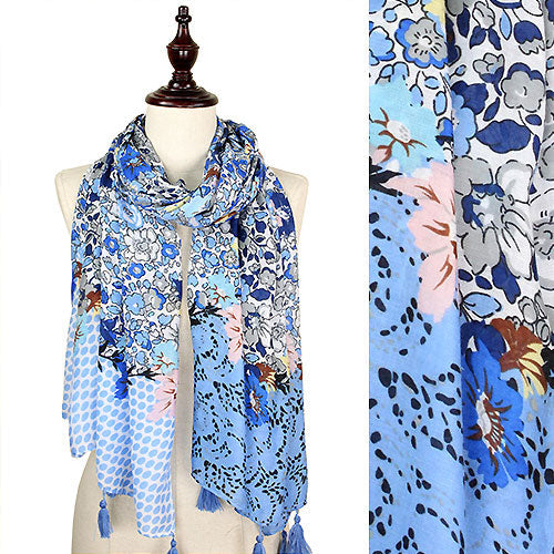 FLOWER PRINT OBLONG SCARF W/TASSEL