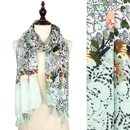 FLOWER PRINT OBLONG SCARF W/TASSEL