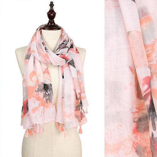 FLOWER PRING OBLONG SCARF W/TASSEL