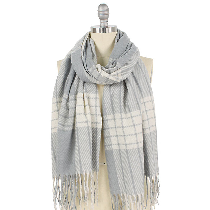 2-TONE PLAID SOFT OBLONG SCARF W/TASSEL